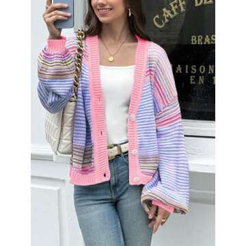 Saodimallsu Womens Striped Cardigan Sweaters Oversized Puff Sleeve Button Up V Neck Color Block Knit Sweater Coat Pink