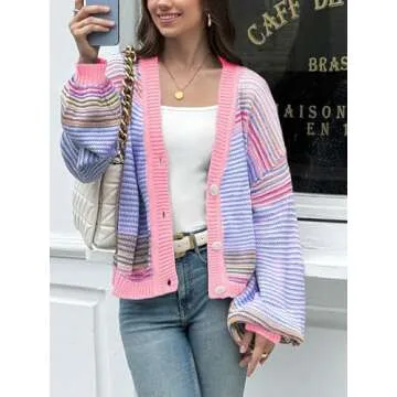 Saodimallsu Womens Striped Cardigan Sweaters Oversized Puff Sleeve Button Up V Neck Color Block Knit Sweater Coat Pink