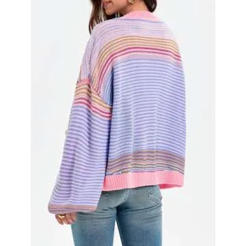 Saodimallsu Womens Striped Cardigan Sweaters Oversized Puff Sleeve Button Up V Neck Color Block Knit Sweater Coat Pink