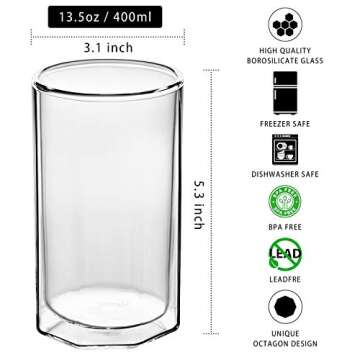 ZENS Double Walled Glasses,Unique Octagonal 13.5 oz Insulated Coffee Mugs Set of 4, Clear Borosilicate Glass Cups for Cappuccino or Latte Macchiato