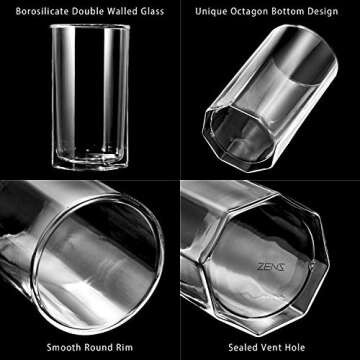 ZENS Double Walled Glasses,Unique Octagonal 13.5 oz Insulated Coffee Mugs Set of 4, Clear Borosilicate Glass Cups for Cappuccino or Latte Macchiato