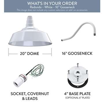 Steel Lighting Co. Redondo Barn Light | Outdoor Wall Mounted | 20 inch Dome | 16 inch Gooseneck | Large Farmhouse Warehouse Light Made in America | White Exterior/White Interior