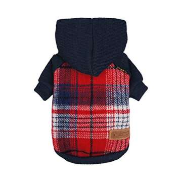 Fitwarm Tartan Plaid Dog Hoodie, Knitted Dog Clothes for Small Dogs Boy, Pet Sweater with Hood, Cat Fleece Lined Winter Outfit, Red, Navy Blue, Small