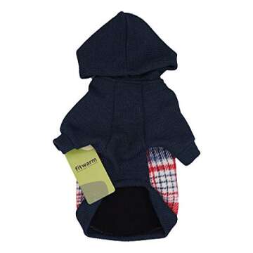 Fitwarm Tartan Plaid Dog Hoodie, Knitted Dog Clothes for Small Dogs Boy, Pet Sweater with Hood, Cat Fleece Lined Winter Outfit, Red, Navy Blue, Small