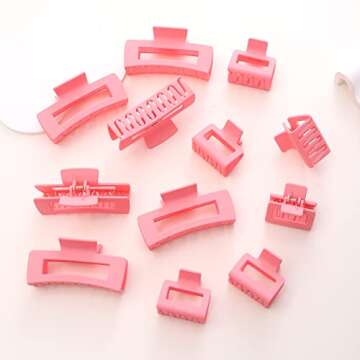12 Pack Pink Square Claw Clips, Big and Small Neutral Rectangle Hair Claw Clips, Non-slip Matte Large Hair Clips for Women,Strong Hold jaw clip for Thick Thin Hair