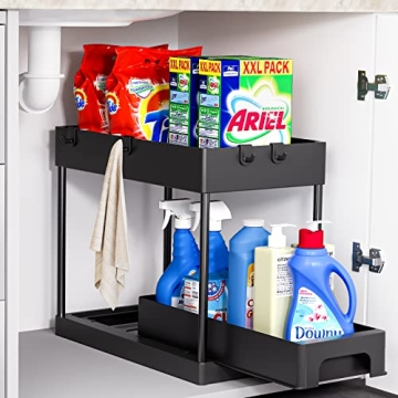 Huggiecart Under Sink Organizers and Storage, 2 Tier kitchen organization with Pull out Sliding Draw...