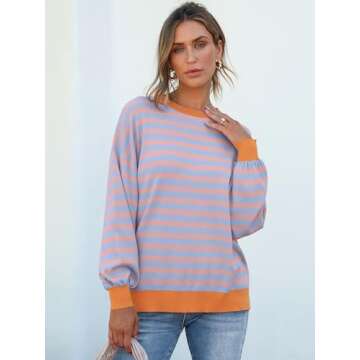 ANRABESS Womens Oversized Striped Sweaters Long Sleeve Crewneck Casual Side Slit Pullover Shirts 202...