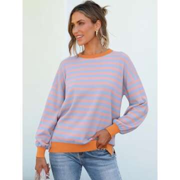 ANRABESS Womens Oversized Striped Sweaters Long Sleeve Crewneck Casual Side Slit Pullover Shirts 2025 Spring Trendy Tops Blue Orange Medium
