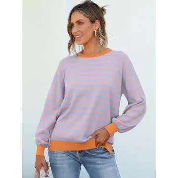 ANRABESS Womens Oversized Striped Sweaters Long Sleeve Crewneck Casual Side Slit Pullover Shirts 2025 Spring Trendy Tops Blue Orange Medium