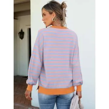 ANRABESS Womens Oversized Striped Sweaters Long Sleeve Crewneck Casual Side Slit Pullover Shirts 2025 Spring Trendy Tops Blue Orange Medium