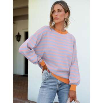 ANRABESS Womens Oversized Striped Sweaters Long Sleeve Crewneck Casual Side Slit Pullover Shirts 2025 Spring Trendy Tops Blue Orange Medium