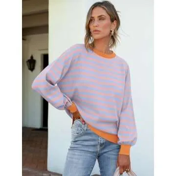 ANRABESS Womens Oversized Striped Sweaters Long Sleeve Crewneck Casual Side Slit Pullover Shirts 2025 Spring Trendy Tops Blue Orange Medium