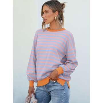 ANRABESS Womens Oversized Striped Sweaters Long Sleeve Crewneck Casual Side Slit Pullover Shirts 2025 Spring Trendy Tops Blue Orange Medium