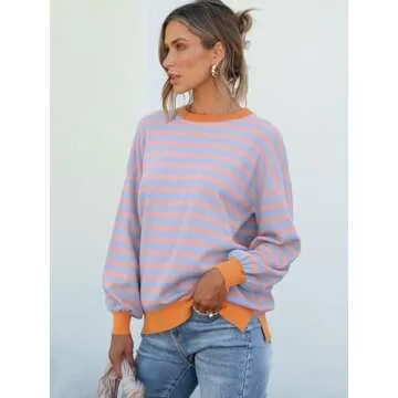 ANRABESS Womens Oversized Striped Sweaters Long Sleeve Crewneck Casual Side Slit Pullover Shirts 2025 Spring Trendy Tops Blue Orange Medium