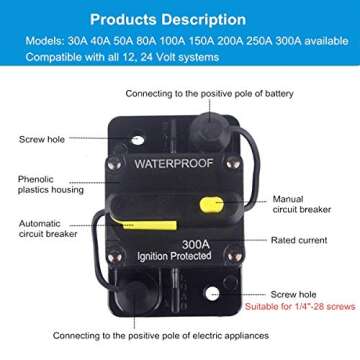 WOHHOM 200 Amp Circuit Breaker DC 12V -48V Waterproof 30A-300A Manual Reset Fuse Inverter for Trolling Motor Auto Car RV Marine Boat Current Overload Protection (200A)