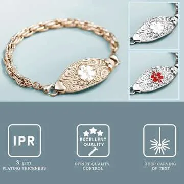 ASTERY Custom Medical Alert Bracelets for Women with Free Engraving,Personalized Emergency Identification Bracelet Diabetic Women's Medical Alert ID Bracelet,6.0 to 9.0 Inches