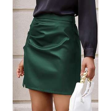 Kate Kasin Women's Faux Leather Mini Skirts Front Slit Ruched A-Line High Waist Bodycon Pencil Skirt S-XXL