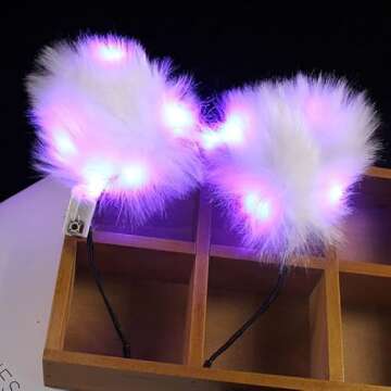 YOVECATHOU Light Up Headbands LED Cat Ears Headband Faux Fur Hair Hoop For Halloween Cosplay Costume...