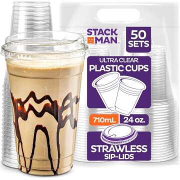 24 oz Clear Plastic Cups with Strawless Sip-Lids [50 Sets] PET Crystal Clear Disposable 16oz Plastic Cups with Lids - Crystal Clear, Durable Cup - BPA Free + Crack Resistant, for Coffee, Juice, Shakes
