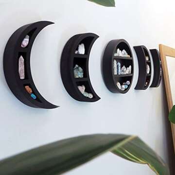 Gibbous Nimbus Large 12.2" Moon Phase Shelf Set (5 PCS) - Boho Wall Decor - Black Wooden Crescent Moon Crystal Display Shelf Decor…