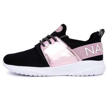 Nautica Youth Girls Athletic Fashion Lace Up Tennis Sneakers-Kappil Metallic-Pink Metallic Black Size-5