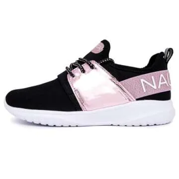 Nautica Youth Girls Athletic Fashion Lace Up Tennis Sneakers-Kappil Metallic-Pink Metallic Black Size-5