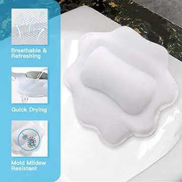 Bathtub Spa Pillow, Non-Slip 4 Strong Suction Cups, Bath Pillows for Tub, Head, Neck, Shoulder Support, Breathable Relax Comfort
