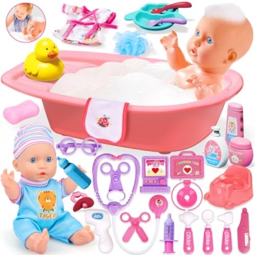 PROOU Baby Doll Care Toys, 30PCS Baby Doll Bath Set & Doctor Kit, Pretend Play Baby Doll Set, Incl B...