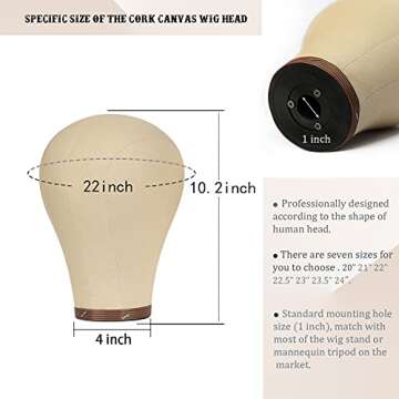 Wig Head Stand Mannequin Head 20"-24" Dome Cork Canvas Manican Block Head for Making Drying Styling Display Wigs with Stand