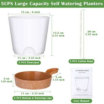 5 Pack Self Watering Plant Pots, 6 inch Plastic Plant Pots Set Bottom Watering Planters With Absorbe...
