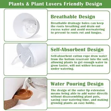 5 Pack Self Watering Plant Pots, 6 inch Plastic Plant Pots Set Bottom Watering Planters With Absorbent Rope & Saucer, Self Watering for Indoor Plants Minimalist Decor Outdoor Garden Flower. (White)