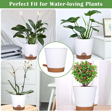 5 Pack Self Watering Plant Pots, 6 inch Plastic Plant Pots Set Bottom Watering Planters With Absorbent Rope & Saucer, Self Watering for Indoor Plants Minimalist Decor Outdoor Garden Flower. (White)