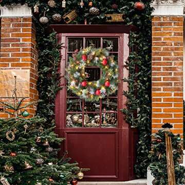 Ochine 16 Inch Pre-Lit Artificial Christmas Wreath, Lighted Christmas Wreaths for Front Door, Indoor...