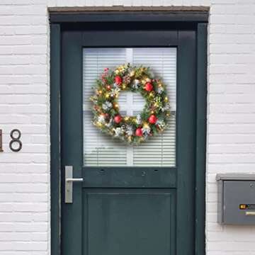 Ochine 16 Inch Pre-Lit Artificial Christmas Wreath, Lighted Christmas Wreaths for Front Door, Indoor Outdoor Xmas Wreath Winter Wreath for Christmas Decorations Holiday Party Home Decor