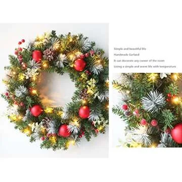 Ochine 16 Inch Pre-Lit Artificial Christmas Wreath, Lighted Christmas Wreaths for Front Door, Indoor Outdoor Xmas Wreath Winter Wreath for Christmas Decorations Holiday Party Home Decor