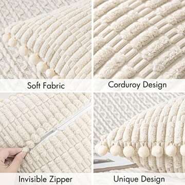 MIULEE Cream White Corduroy Decorative Spring Throw Pillow Covers Pack of 2 Pom-pom Soft Boho Stripe...