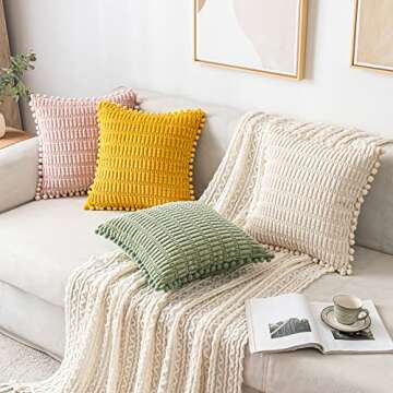 MIULEE Cream White Corduroy Decorative Spring Throw Pillow Covers Pack of 2 Pom-pom Soft Boho Striped Pillow Covers Valentine's Day Modern Farmhouse Cute Home Decor for Sofa Living Room 18x18 Inch