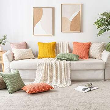 MIULEE Cream White Corduroy Decorative Spring Throw Pillow Covers Pack of 2 Pom-pom Soft Boho Striped Pillow Covers Valentine's Day Modern Farmhouse Cute Home Decor for Sofa Living Room 18x18 Inch