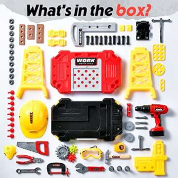 Toy Choi's Kids Tool Set, 83 Pieces Construction Kids Tool Bench Playset, Toddler Tool Bench with Play Helmet, Realistic Electric Drill, STEM Educational Toy for Boys & Girls Aged 3-8