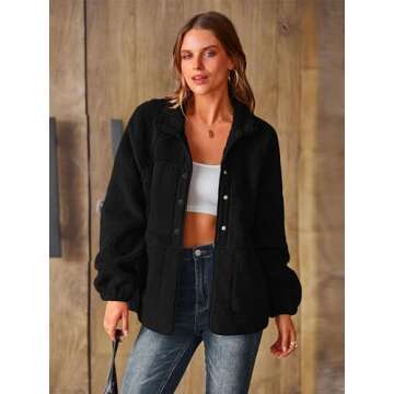 PRETTYGARDEN Women 2024 Fall Winter Fleece Jacket Long Sleeve Casual Button Fuzzy Sherpa Cropped Coats Outerwear with Pockets(Black,Medium)