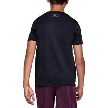 UNDER ARMOUR boys Tech Big Logo Solid T-Shirt, Black (001)/Steel, Youth X-Large