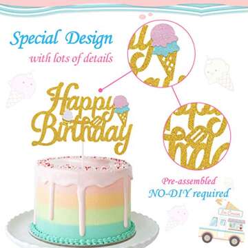 Ice Cream Birthday Glitter Cake Topper Summer Themed Birthday Party Decoration Supplies