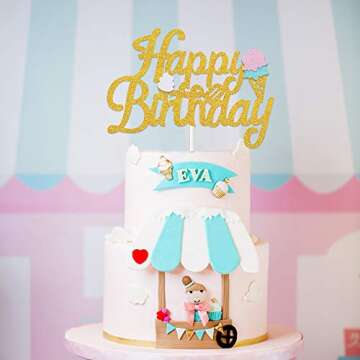 Ice Cream Birthday Glitter Cake Topper Summer Themed Birthday Party Decoration Supplies