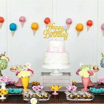 Ice Cream Birthday Glitter Cake Topper Summer Themed Birthday Party Decoration Supplies
