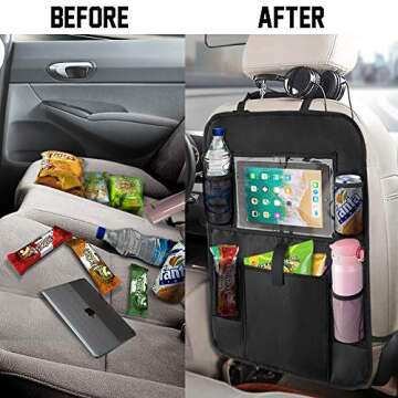 Backseat Car Organizer Kick Mats, KNGUVTH Car Seat Back Protectors with Clear 10" Tablet Holder + 5 Storage Pockets Back seat Organizer for Kids Toy Bottle Drink Vehicles Travel Accessories (2 Pack)