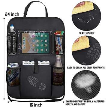 Backseat Car Organizer Kick Mats, KNGUVTH Car Seat Back Protectors with Clear 10" Tablet Holder + 5 Storage Pockets Back seat Organizer for Kids Toy Bottle Drink Vehicles Travel Accessories (2 Pack)