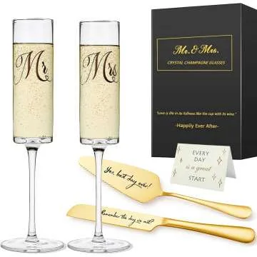 Elegant Mr and Mrs Champagne Flutes Set with Cake Cutting for Weddings