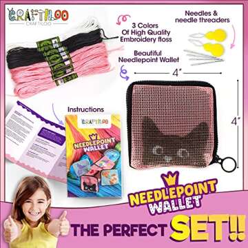 Pre Printed Needlepoint Wallet Kit for Kids Embroidery Arts and Crafts Set Cross Stitch Sewing Kit (...
