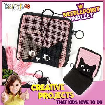 Pre Printed Needlepoint Wallet Kit for Kids Embroidery Arts and Crafts Set Cross Stitch Sewing Kit (Cat)