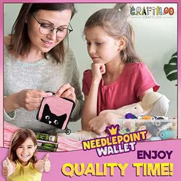 Pre Printed Needlepoint Wallet Kit for Kids Embroidery Arts and Crafts Set Cross Stitch Sewing Kit (Cat)